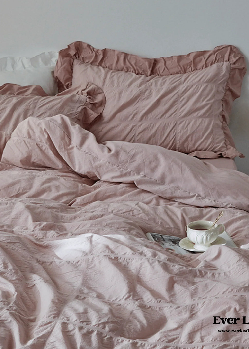 Earth Tone Marshmallow Puff Ruffle Bedding Set / Rust Pink Ever Lasting