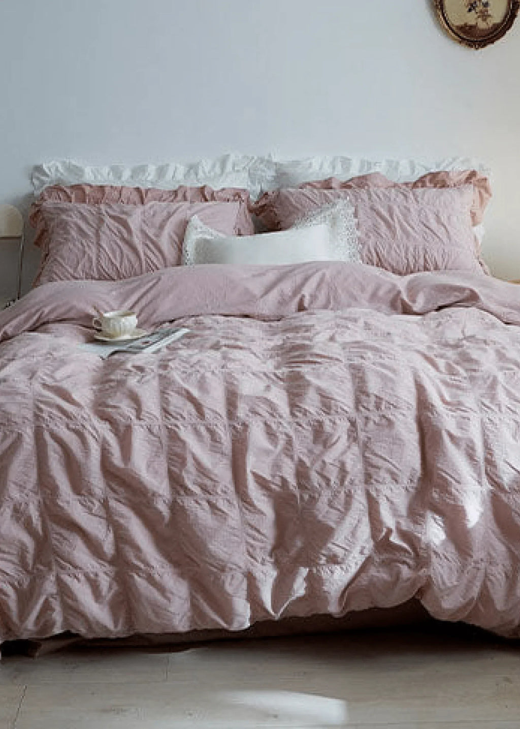 Earth Tone Marshmallow Puff Ruffle Bedding Set / Rust Pink Ever Lasting