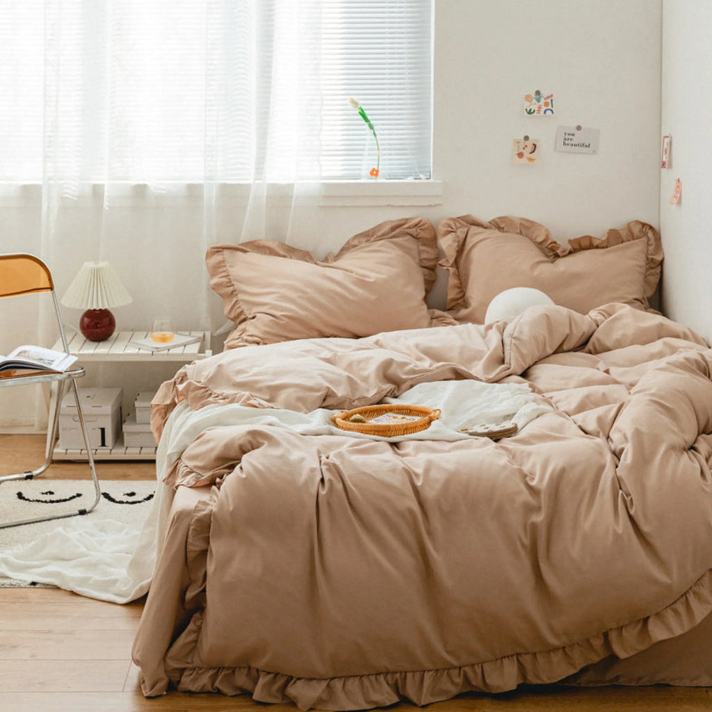 Earth Tone Ruffle Bedding Set / White Ever Lasting