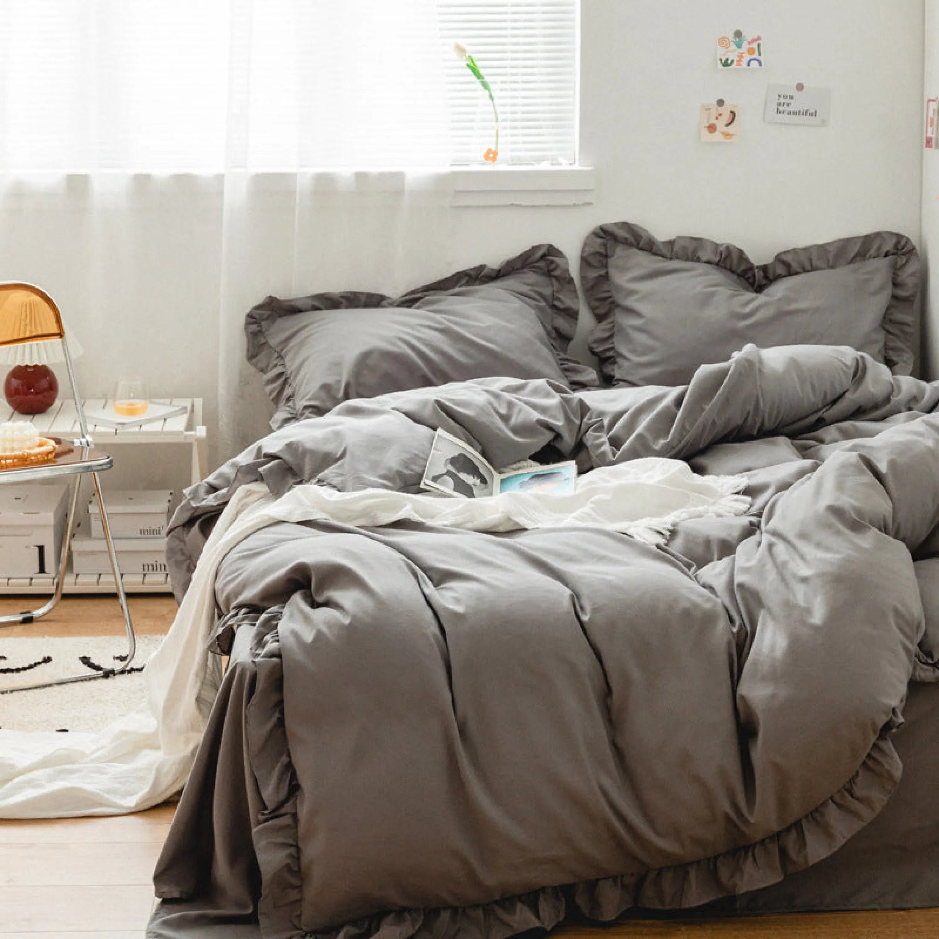 Earth Tone Ruffle Bedding Set / White Ever Lasting