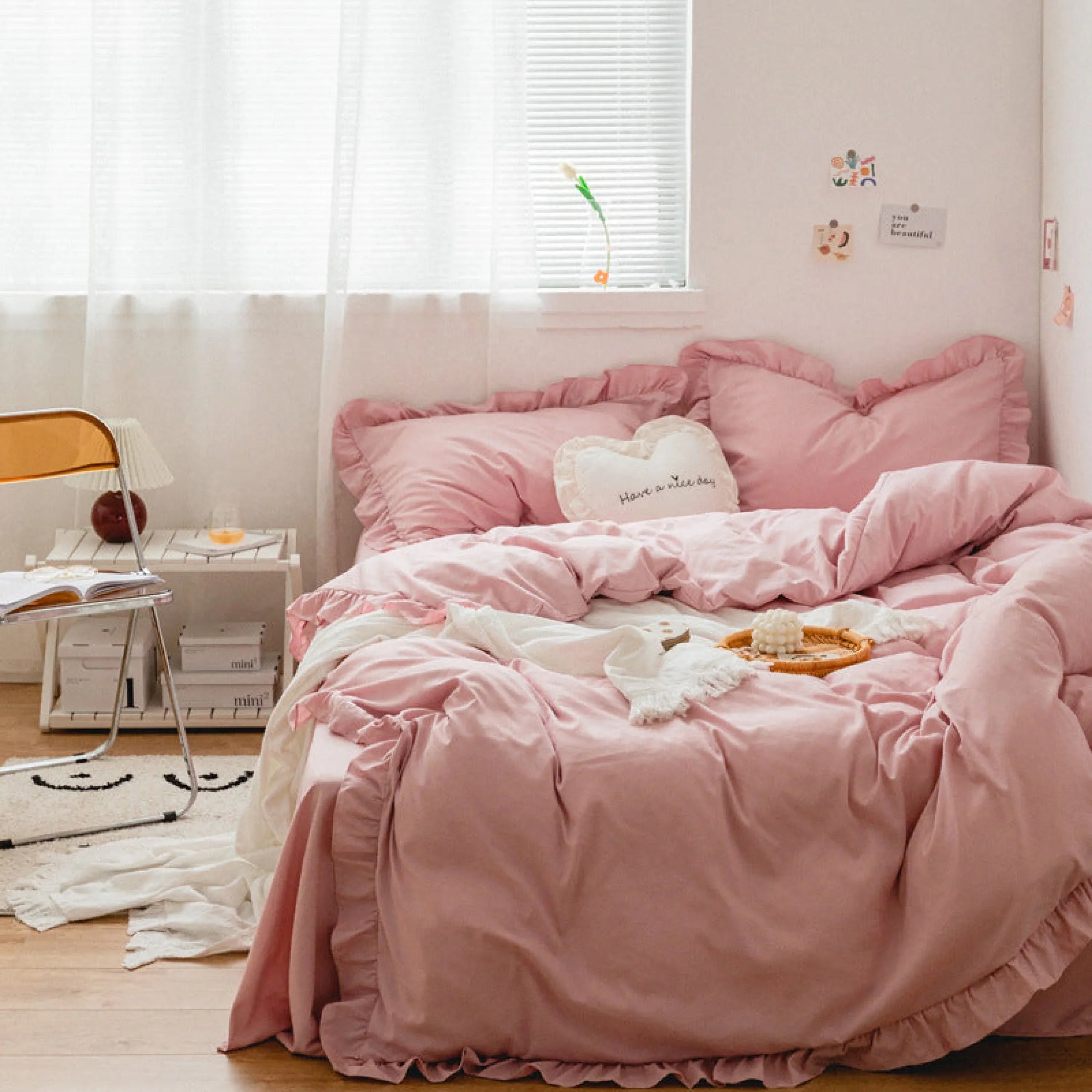 Earth Tone Ruffle Bedding Set / White Ever Lasting