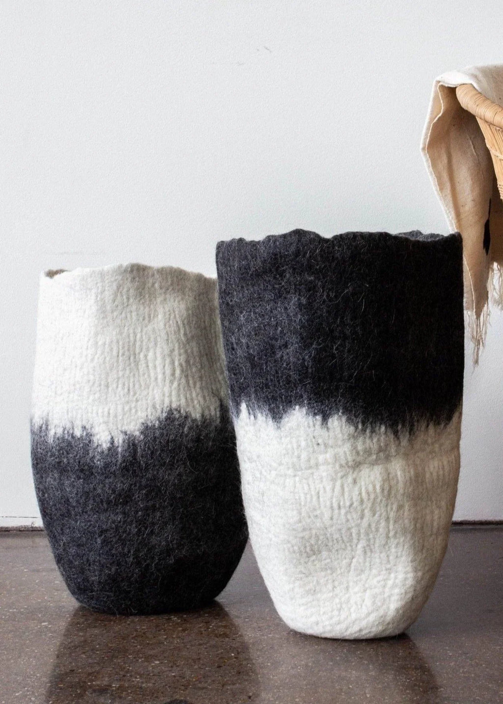 Eclipse Black & White Wool Floor Vase, front view - House Of Avana
