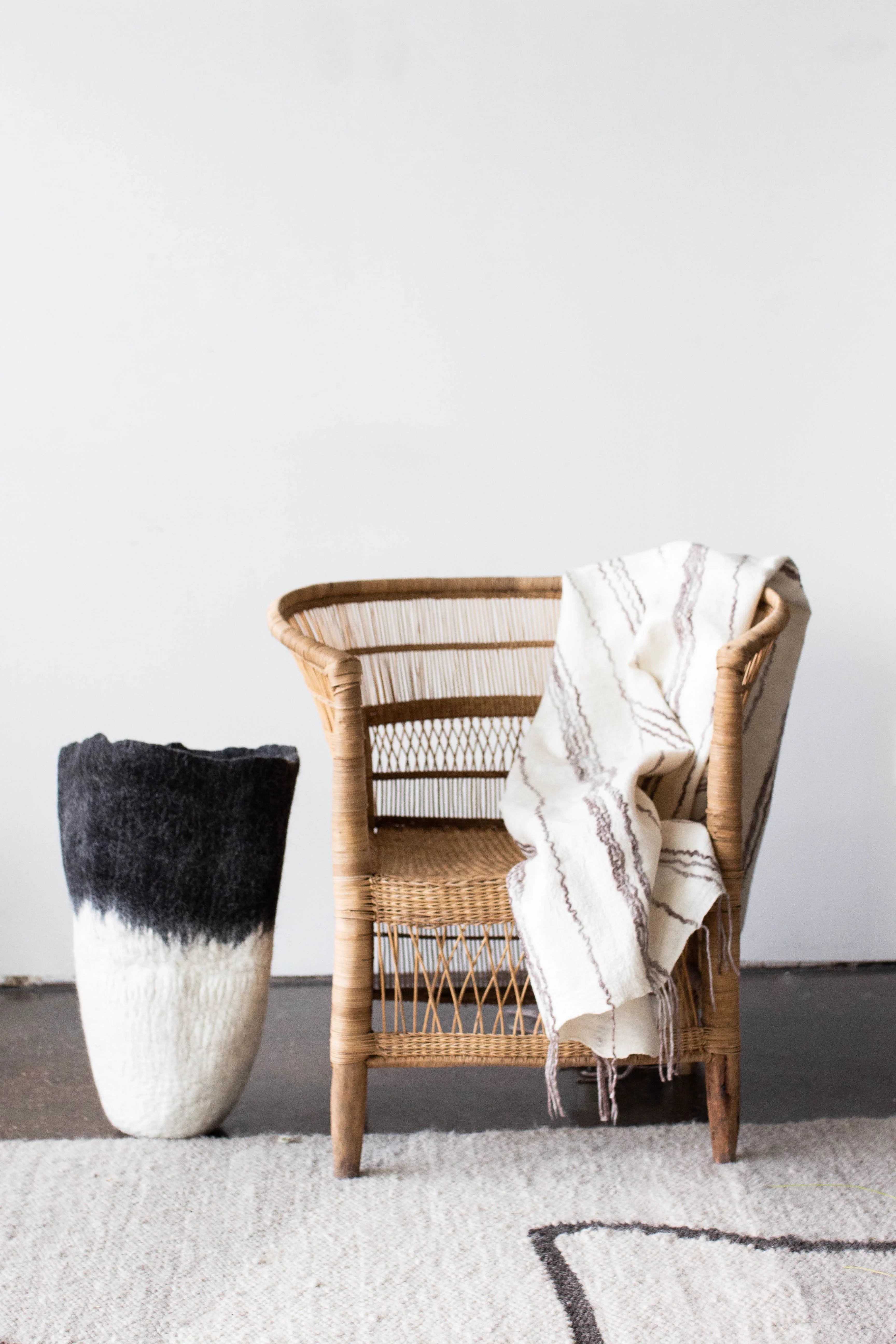 Eclipse Black & White Wool Floor Vase, close-up view - House Of Avana