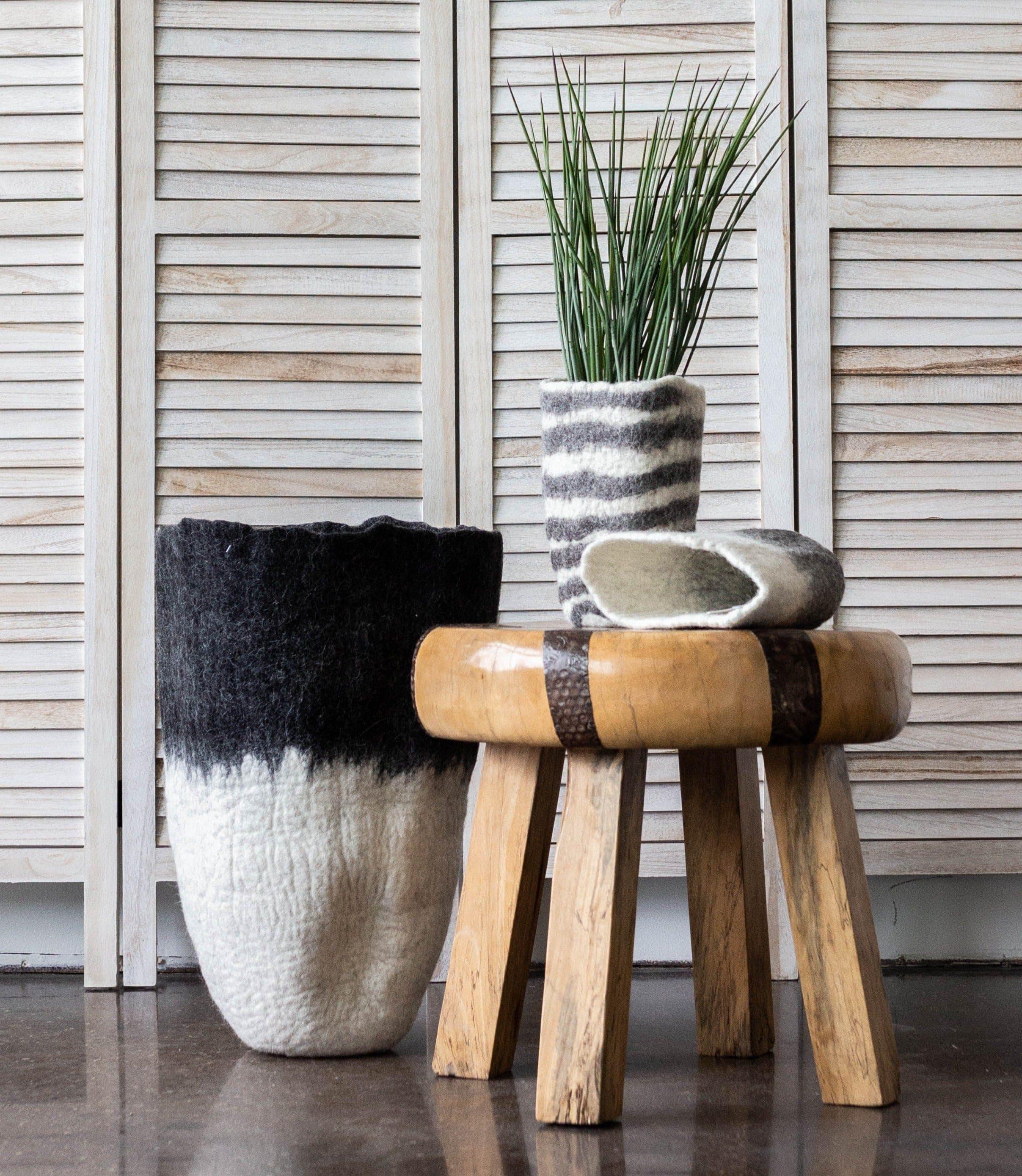 Eclipse Black & White Wool Floor Vase, angled view - House Of Avana