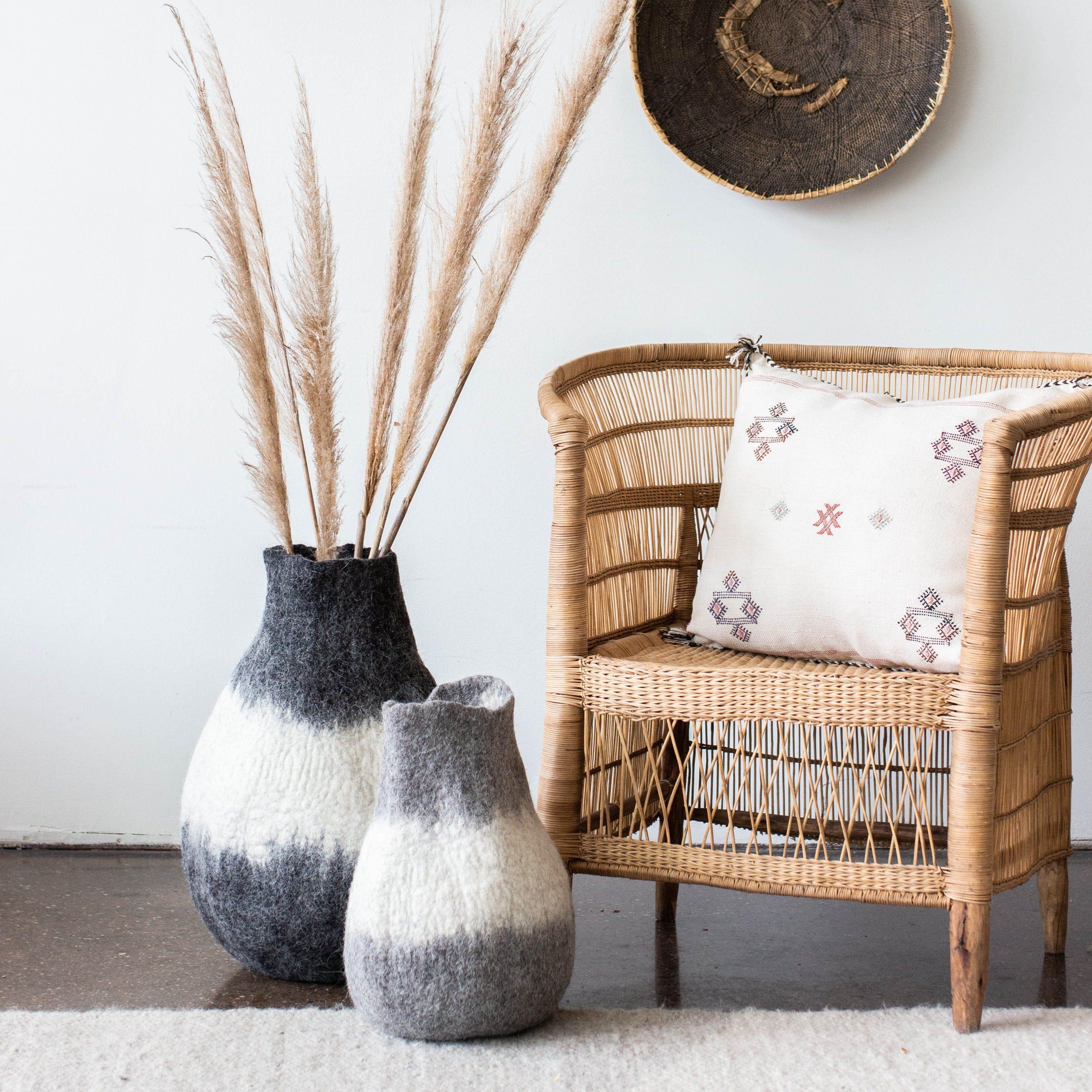 Eclipse Charcoal and Ivory Wool Gourd Basket Kanju Interiors