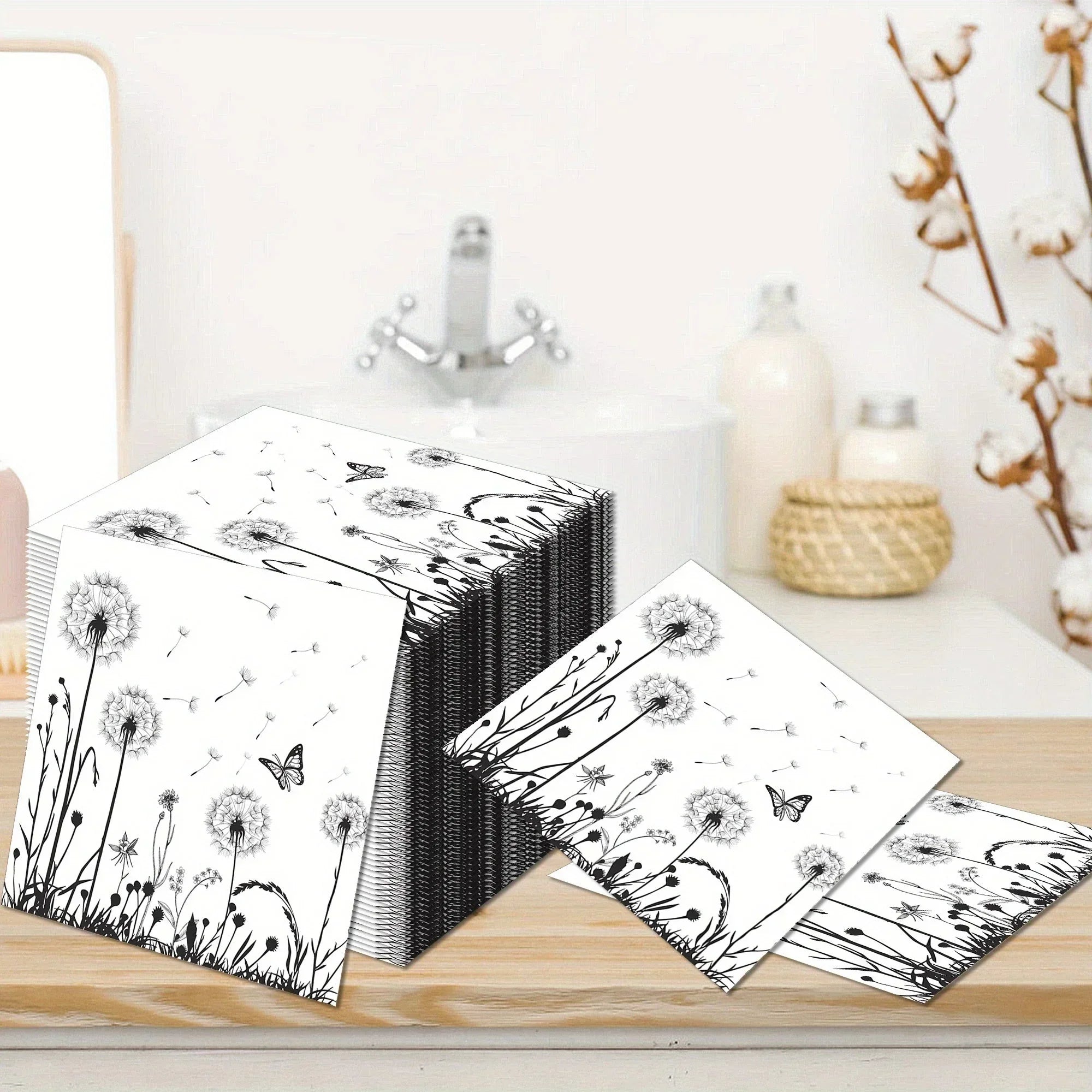 100-Pack White & Black Dandelion Biodegradable Napkins - 6.5"x6.5" - House Of Avana