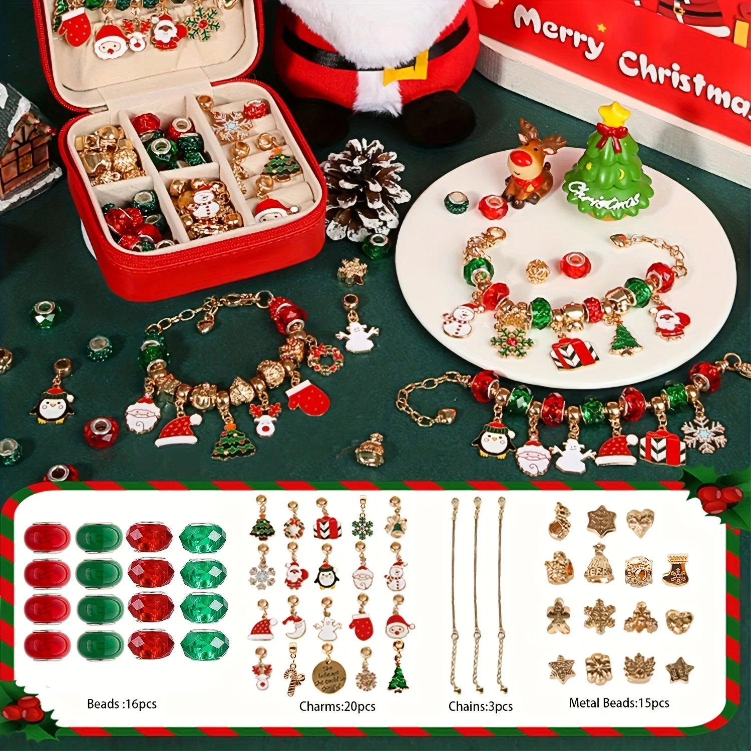 [Christmas Jewelry Kit] Christmas DIY Bracelet Making Kit | Elegant Red Green Charm Beads Jewelry Craft Gift House Of Avana