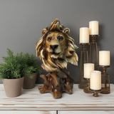 Lion statue with candles and plants on a wooden surface