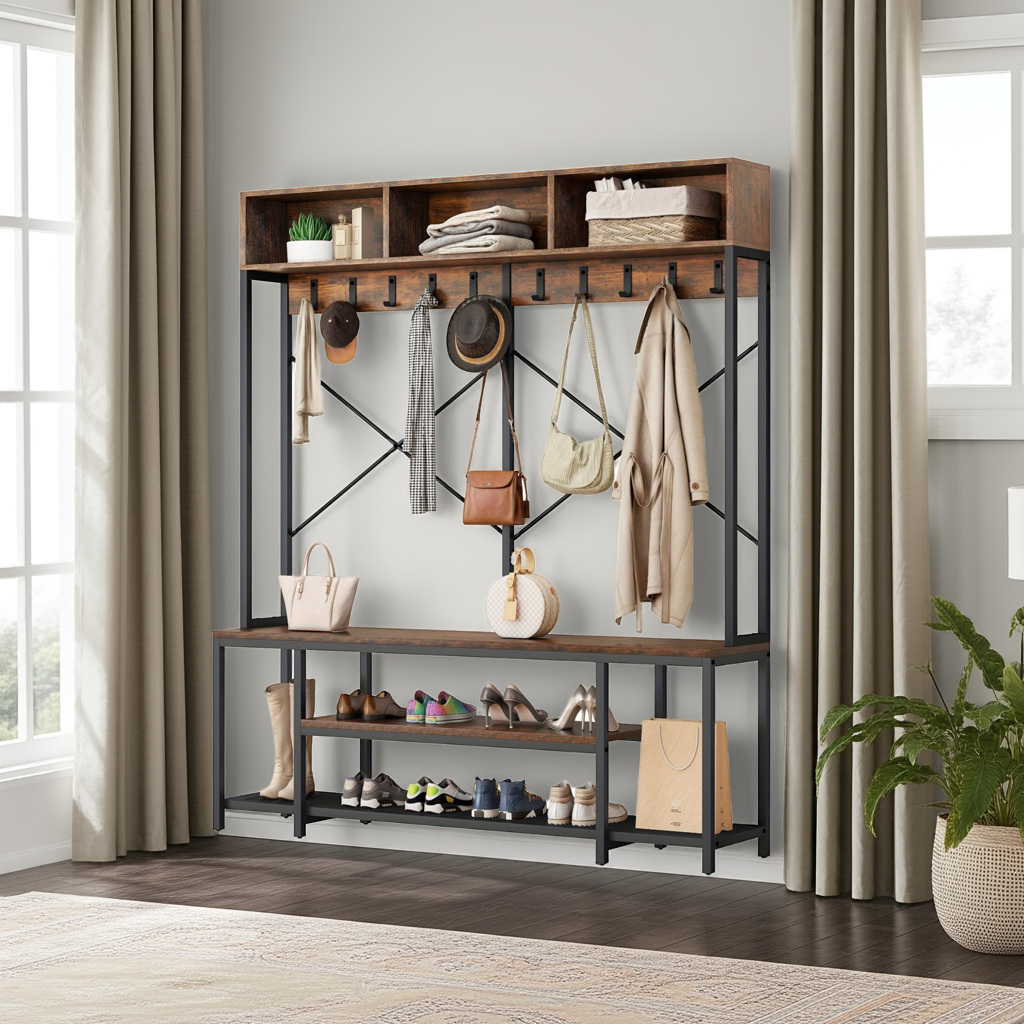 Brown Entryway Bench with Coat Rack & Shoe Storage House Of Avana