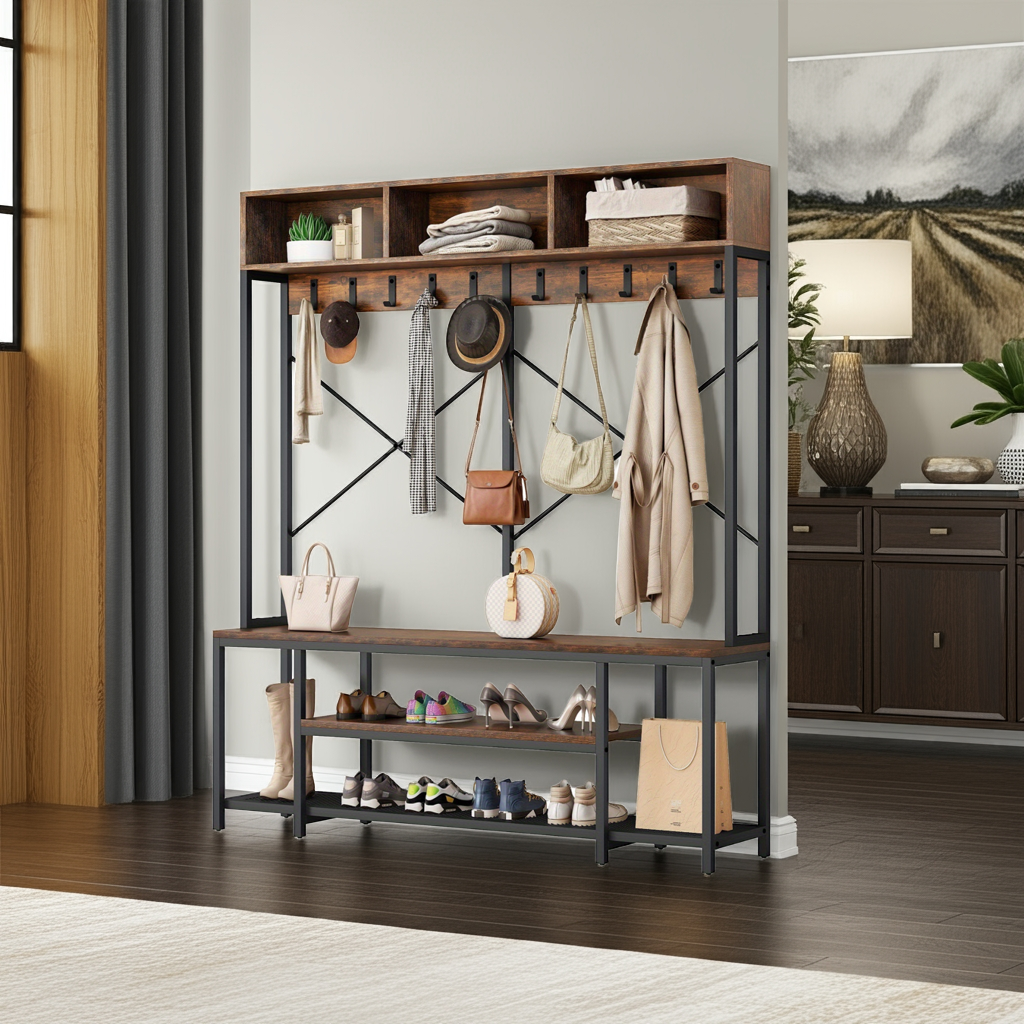 Brown Entryway Bench with Coat Rack & Shoe Storage House Of Avana