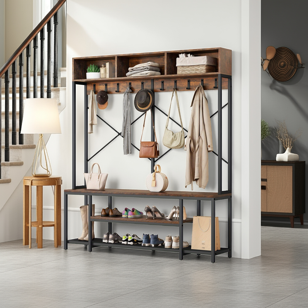 Brown Entryway Bench with Coat Rack & Shoe Storage House Of Avana