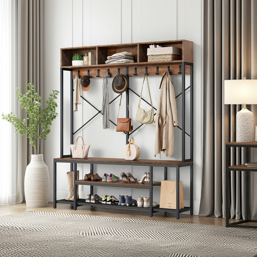 Brown Entryway Bench with Coat Rack & Shoe Storage House Of Avana