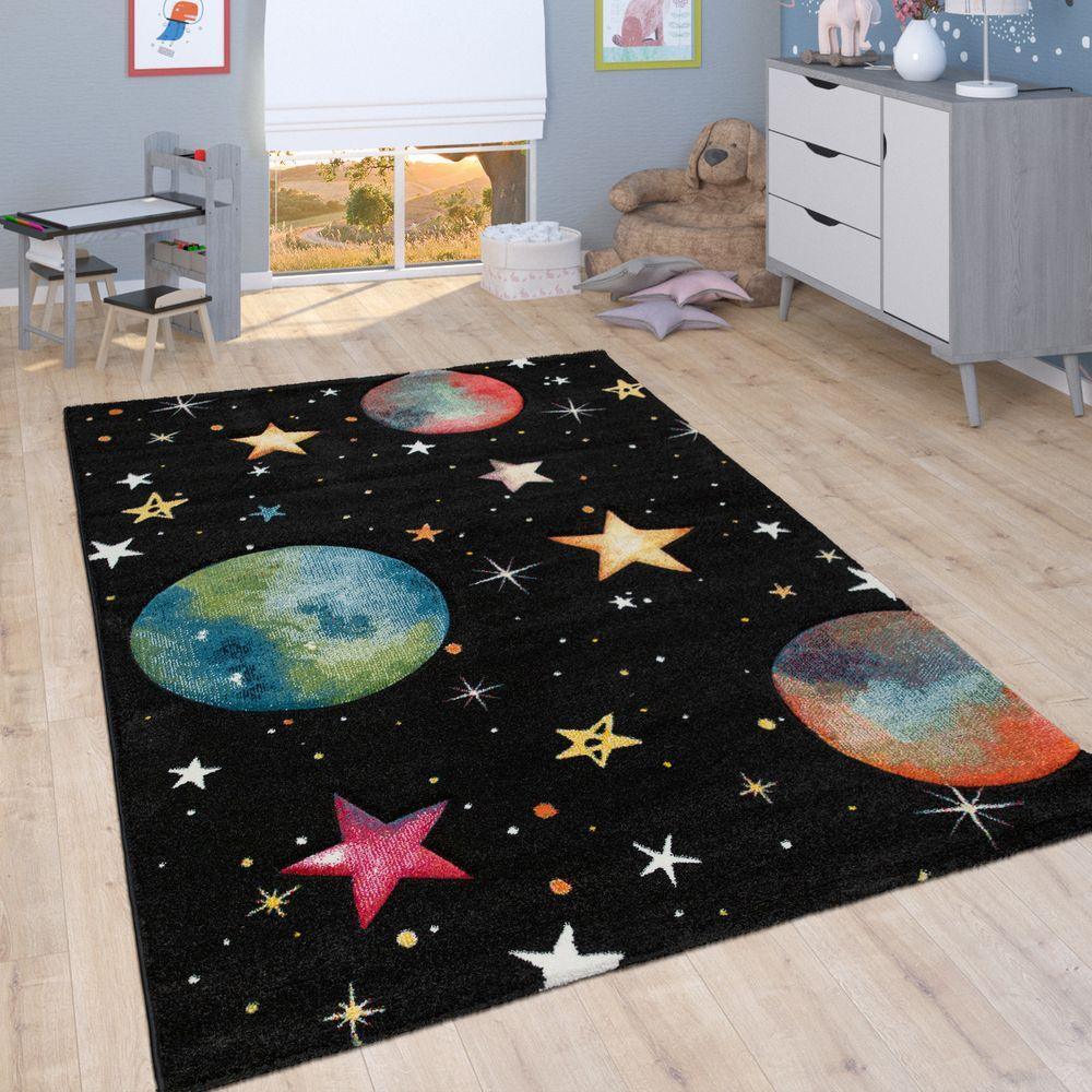 Space Kids Area Rug with colorful Planet Earth and Stars Universe in Black RugYourHome