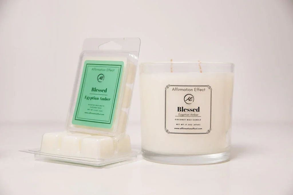 Egyptian Amber "blessed" Affirmation Candle - 17.5 Oz, back view - House Of Avana