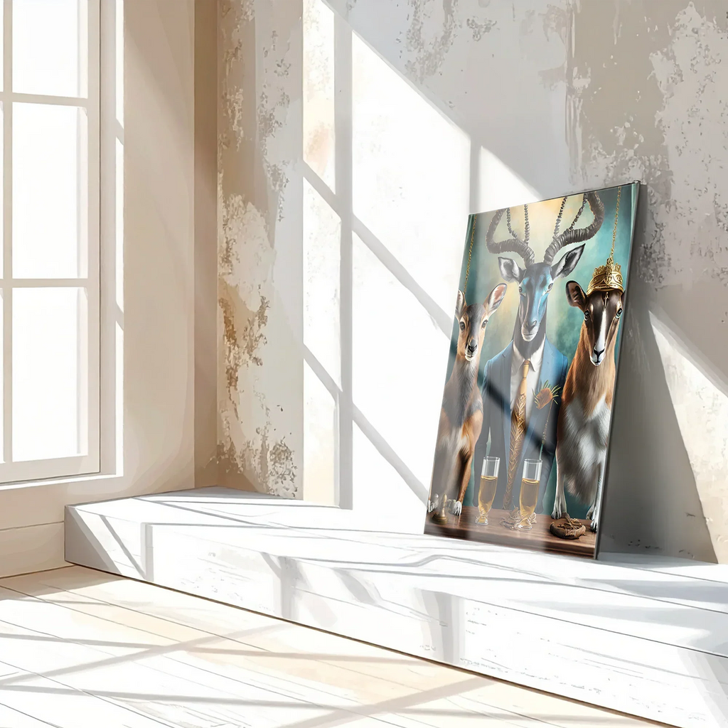 Elegant Antelope Gathering Glass Wall Art – Whimsical Animal Portrait UV Print-KAFCD036 Peony Atelier