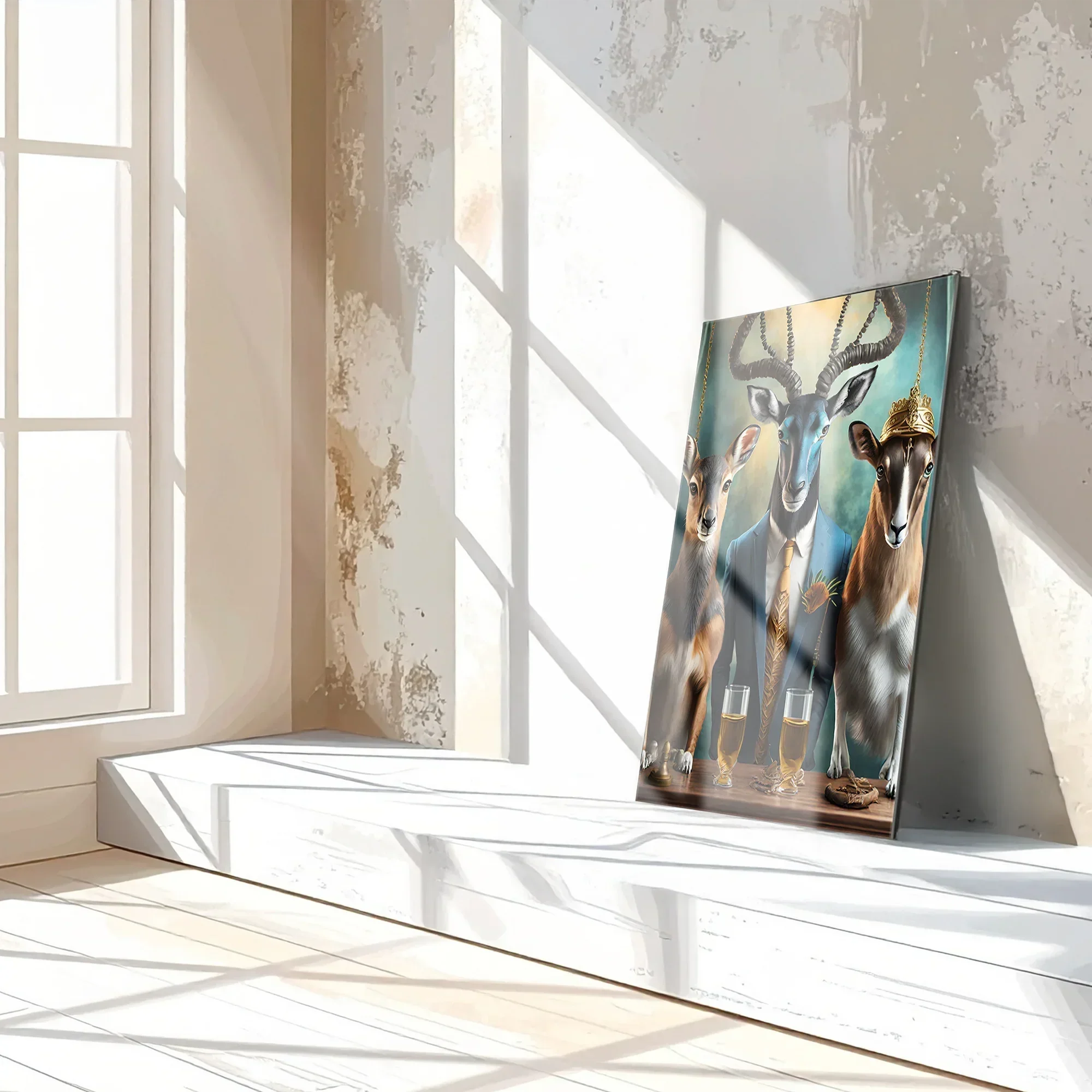 Elegant Antelope Gathering Glass Wall Art – Whimsical Animal Portrait UV Print-KAFCD036 Peony Atelier