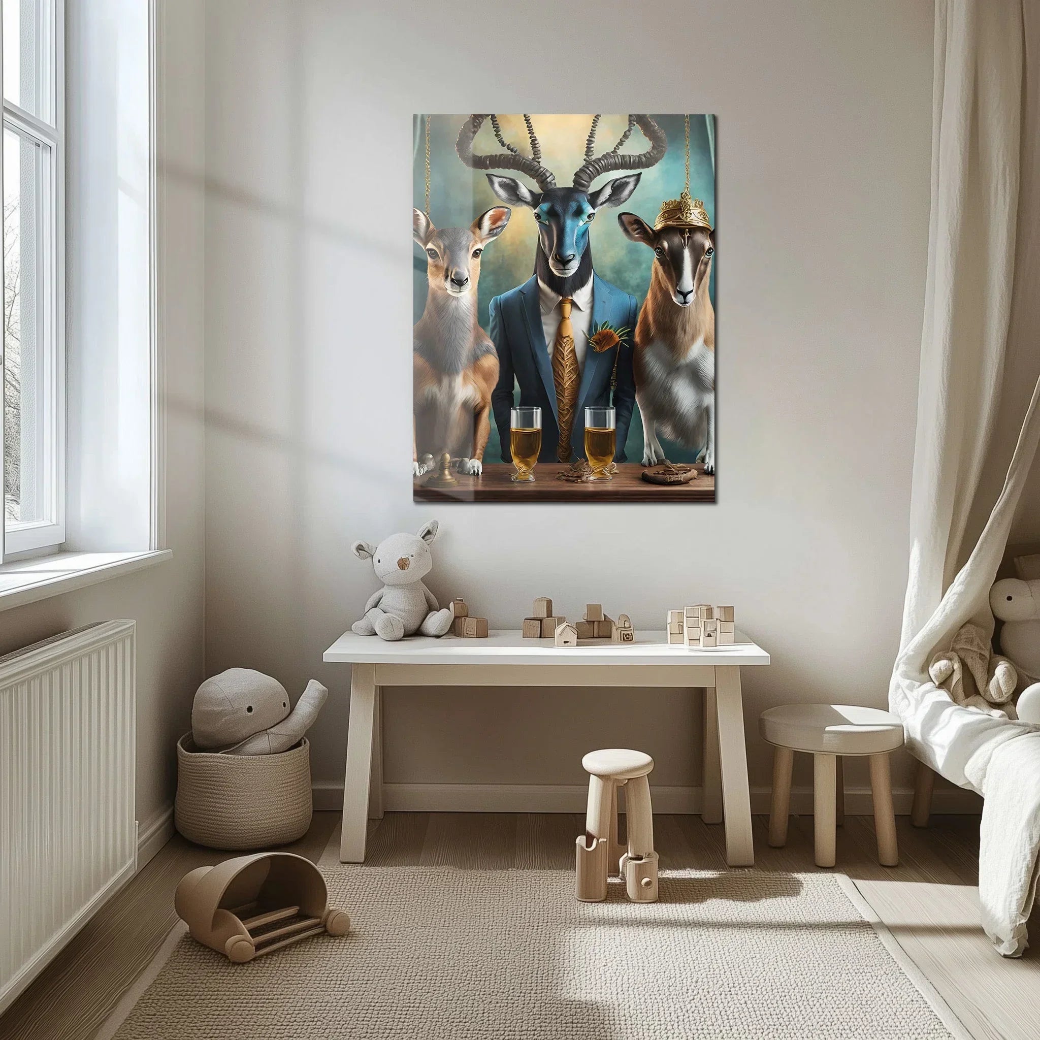 Elegant Antelope Gathering Glass Wall Art – Whimsical Animal Portrait UV Print-KAFCD036 Peony Atelier