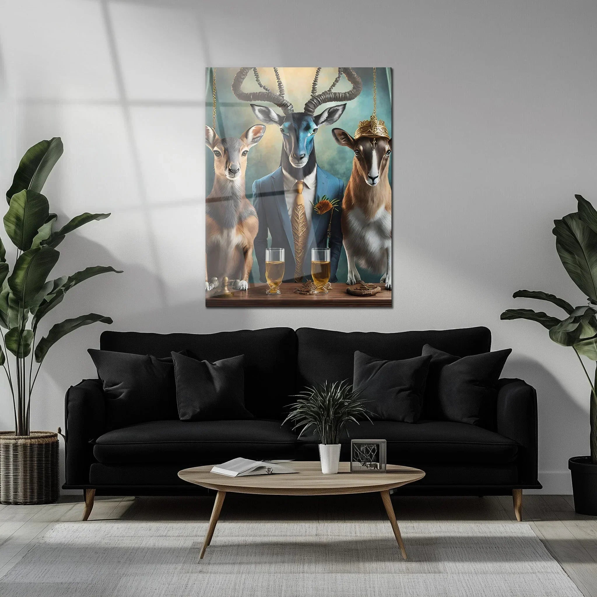 Elegant Antelope Gathering Glass Wall Art – Whimsical Animal Portrait UV Print-KAFCD036 Peony Atelier
