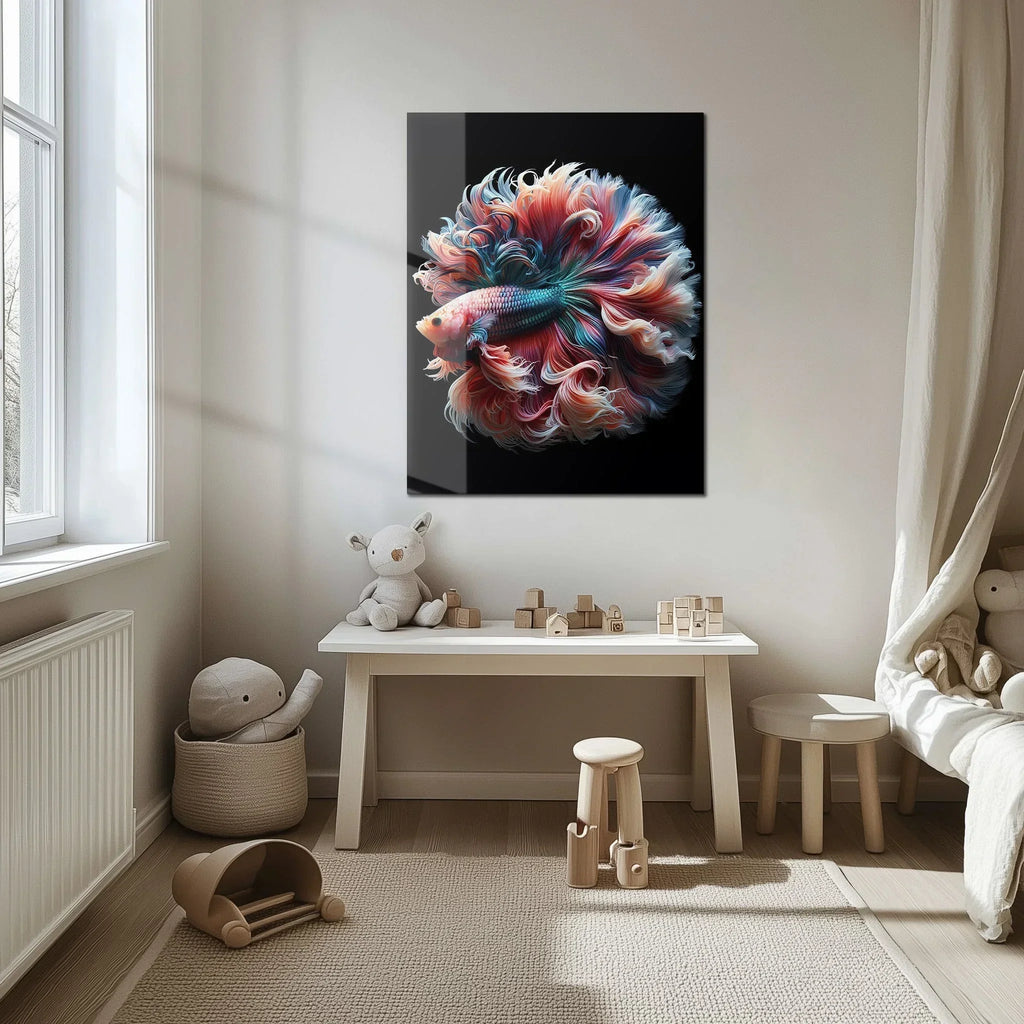 Elegant Betta Fish Flow – Colorful UV Glass Wall Art with Fluid Fin Design-KAFCD080 Peony Atelier