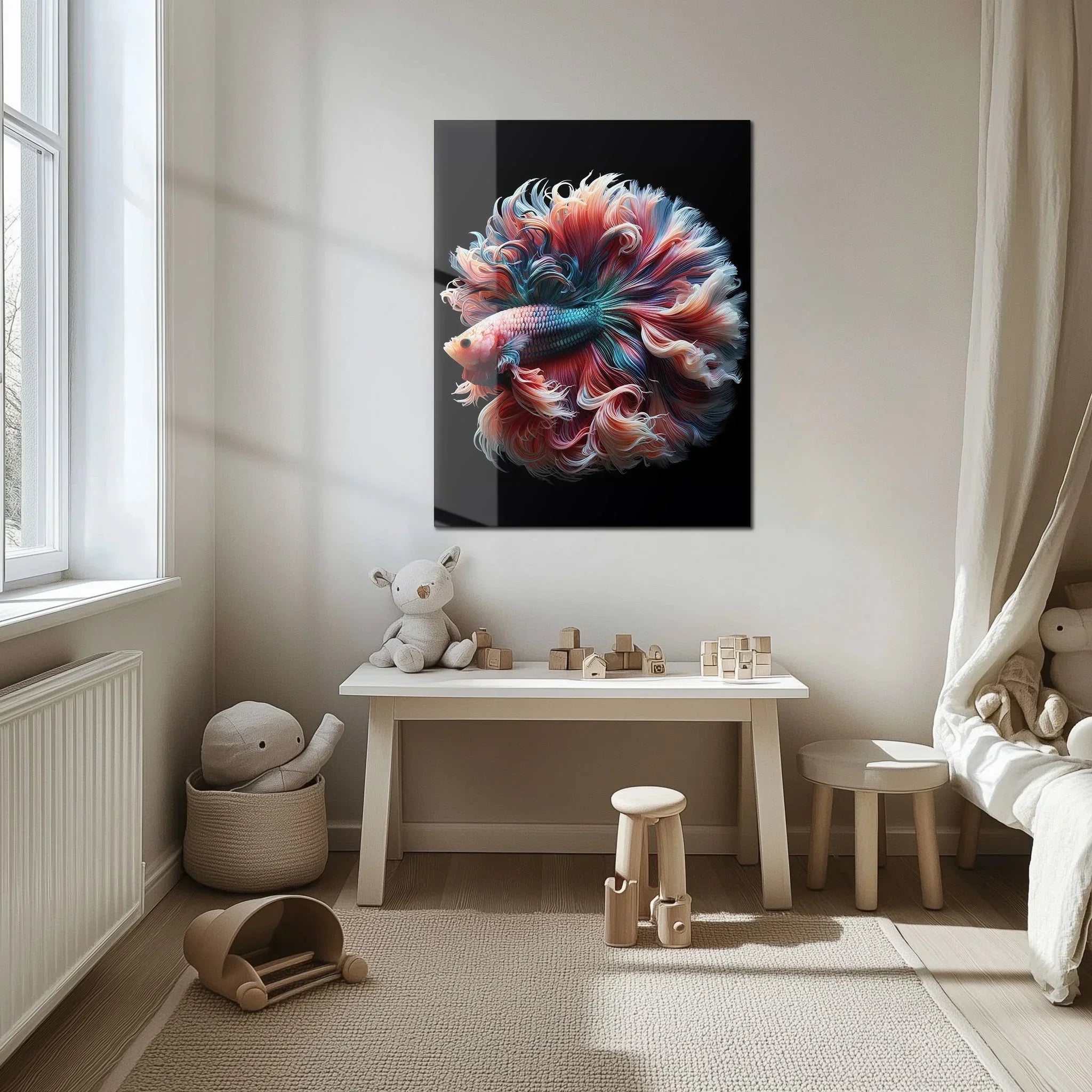 Elegant Betta Fish Flow – Colorful UV Glass Wall Art with Fluid Fin Design-KAFCD080 Peony Atelier