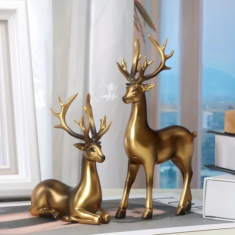 2pcs Black & Golden Deer Figurines - Elegant Standing Deer Statues with Antlers, Durable Plastic Christmas Decor for Home, Office, Living Room House Of Avana