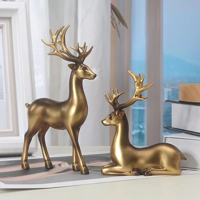 2pcs Black & Golden Deer Figurines - Elegant Standing Deer Statues with Antlers, Durable Plastic Christmas Decor for Home, Office, Living Room House Of Avana