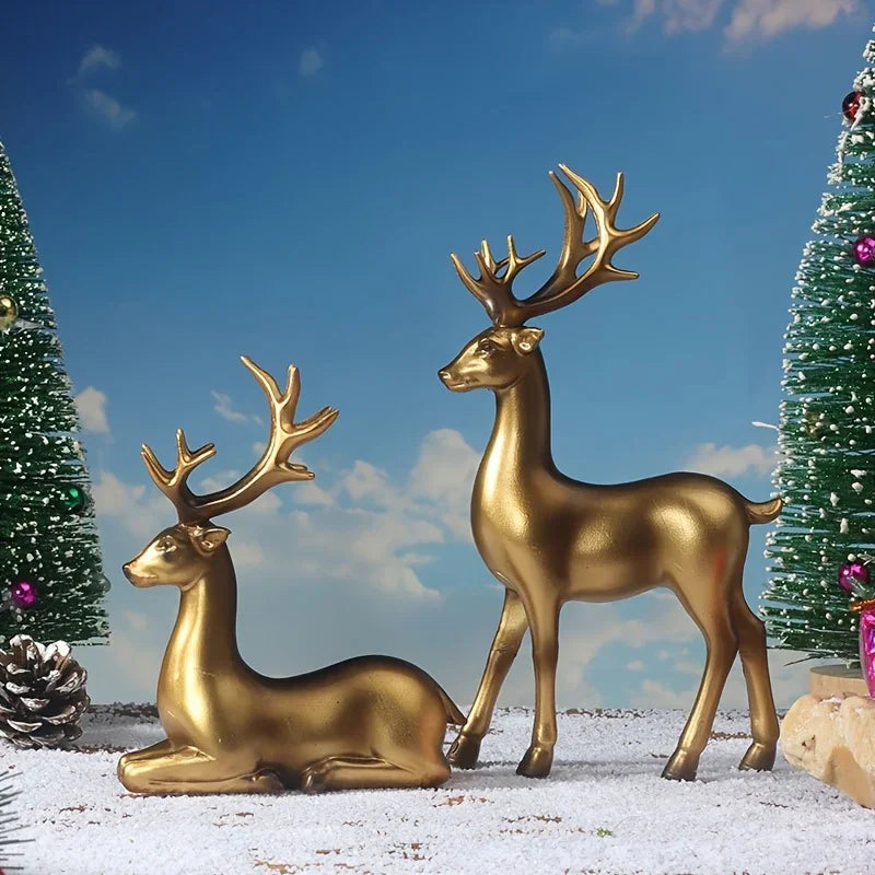 2pcs Black & Golden Deer Figurines - Elegant Standing Deer Statues with Antlers, Durable Plastic Christmas Decor for Home, Office, Living Room House Of Avana