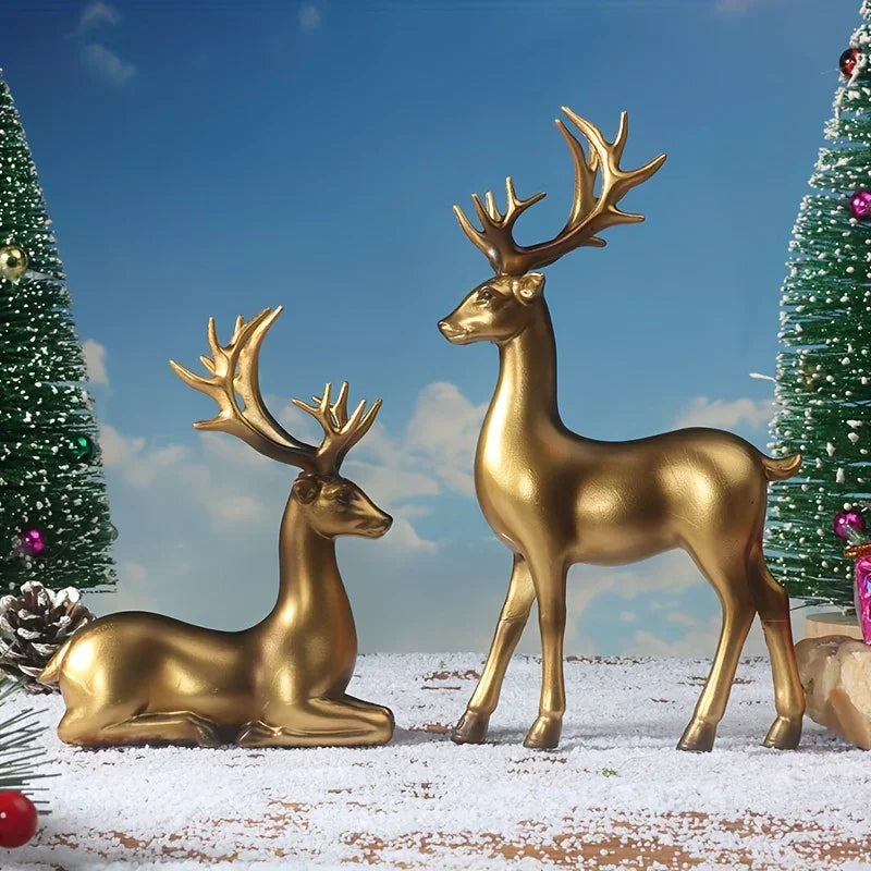 2pcs Black & Golden Deer Figurines - Elegant Standing Deer Statues with Antlers, Durable Plastic Christmas Decor for Home, Office, Living Room House Of Avana