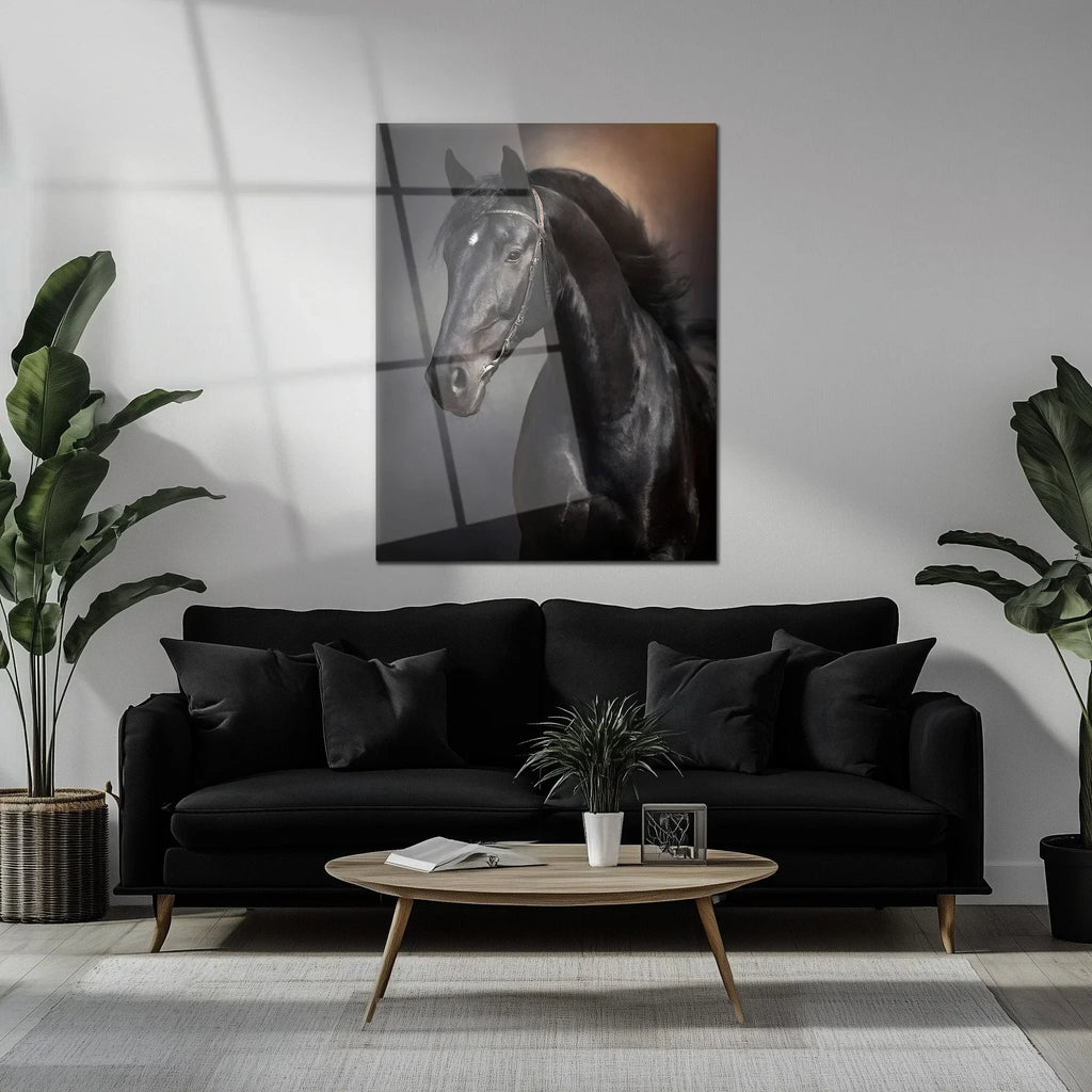 Elegant Black Horse Portrait UV Glass Wall Art – Majestic Equestrian Design-KAFCD065 Peony Atelier