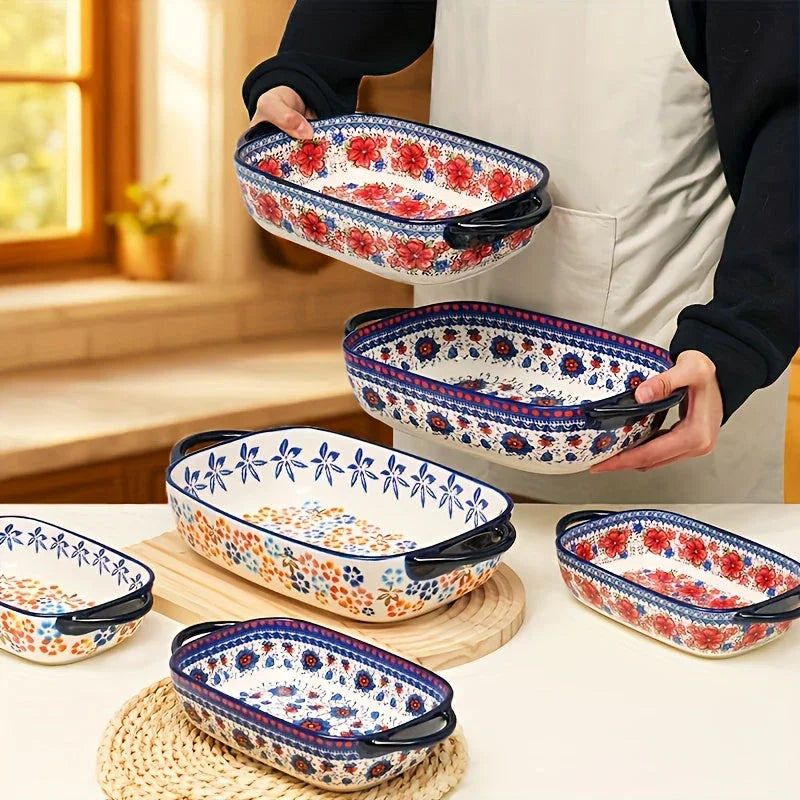 [Elegant Bohemian Baking Dishes] 2pcs Elegant Bohemian Porcelain Baking Dishes - 13-inch Large Rectangular Baker Set | Oven-Safe Casserole & Pie Pan, Versatile Ceramic Roaster | Mother's Day Gift for Home Chefs, Kitchen Essen House Of Avana