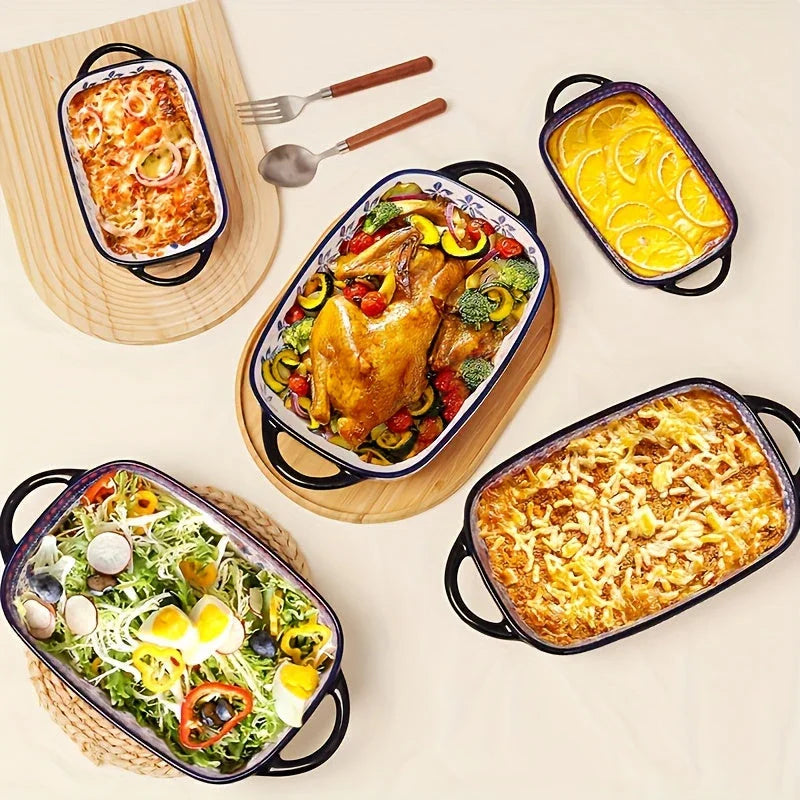 [Elegant Bohemian Baking Dishes] 2pcs Elegant Bohemian Porcelain Baking Dishes - 13-inch Large Rectangular Baker Set | Oven-Safe Casserole & Pie Pan, Versatile Ceramic Roaster | Mother's Day Gift for Home Chefs, Kitchen Essen House Of Avana