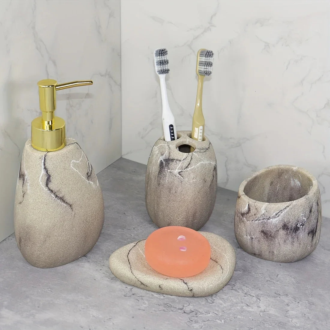 Elegant Marble Texture Resin Soap Dispenser, Manual Pump - Reusable Bathroom Liquid Dispenser Bottle for... - House Of Avana [[SKU:HOA-BAT-408]]