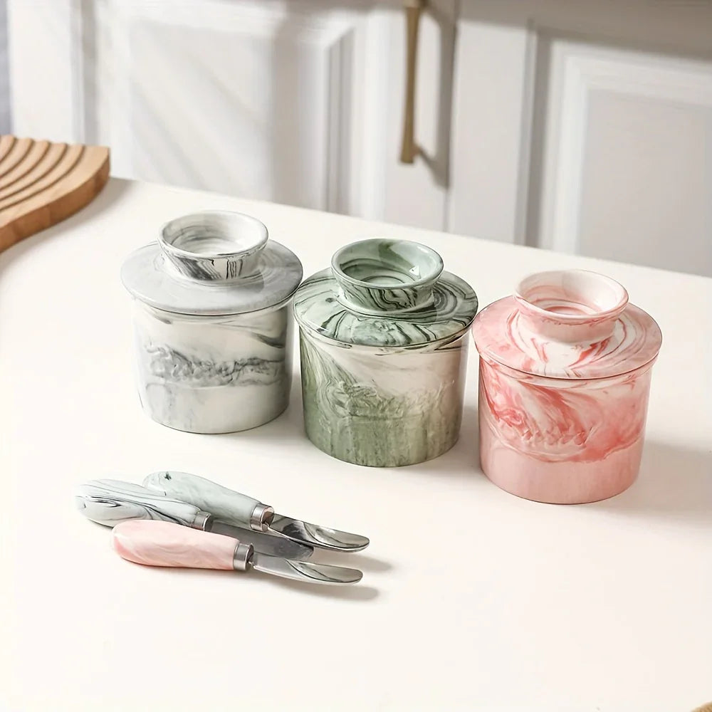 Elegant Marble-textured Ceramic Butter Dish with Lid - Waterproof, Heat-resistant, Ideal for Serving... - House Of Avana