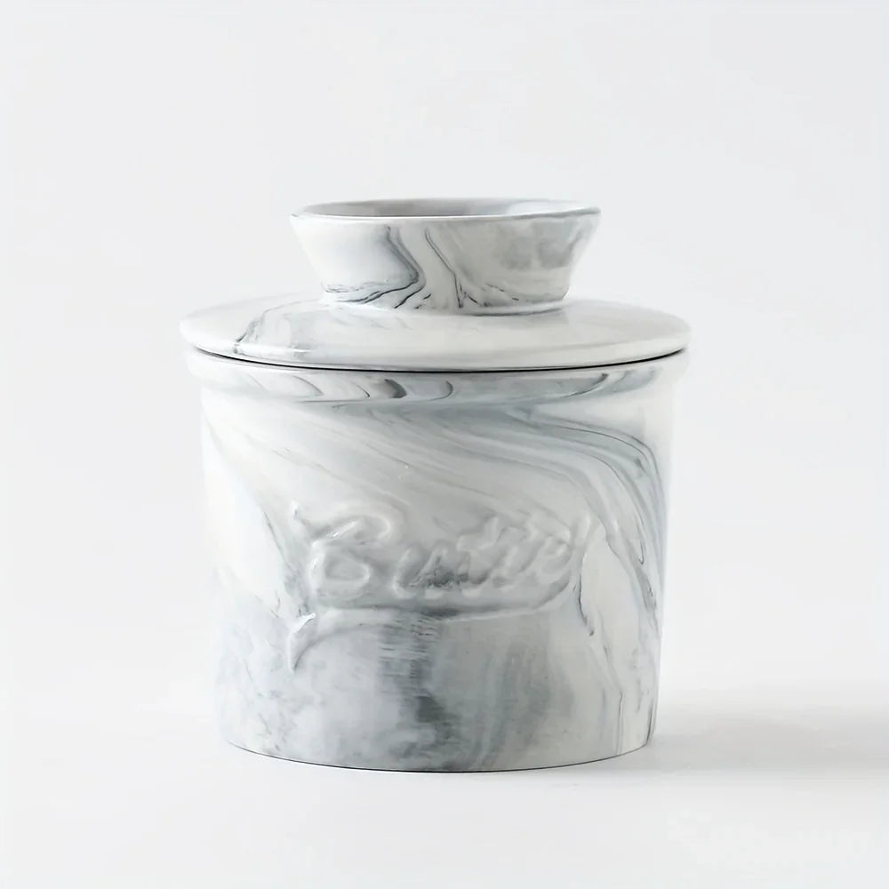 Elegant Marble-textured Ceramic Butter Dish with Lid - Waterproof, Heat-resistant, Ideal for Serving... - House Of Avana