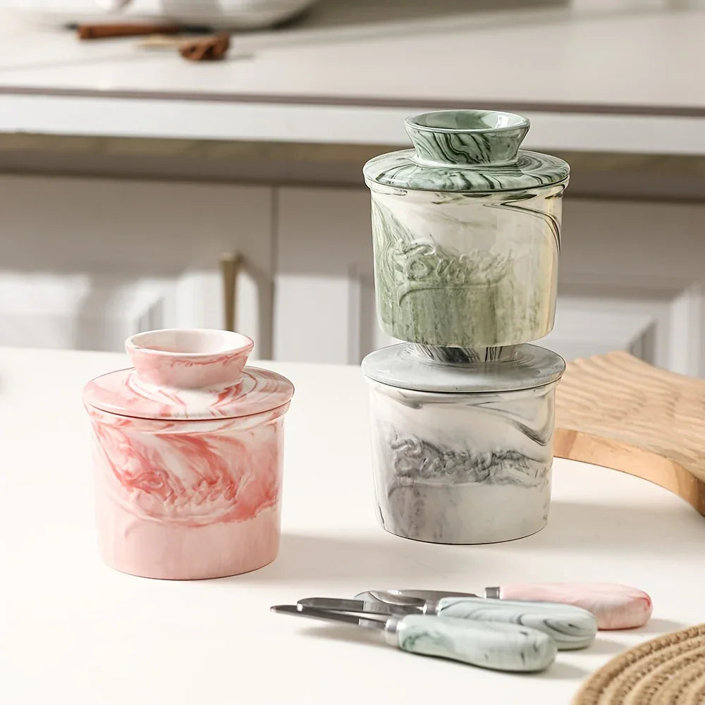 Elegant Marble-textured Ceramic Butter Dish with Lid - Waterproof, Heat-resistant, Ideal for Serving... - House Of Avana