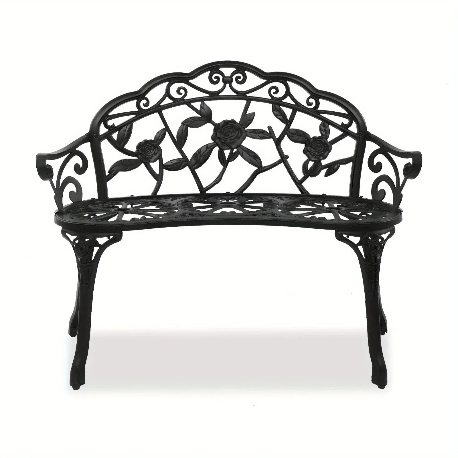 [Elegant Rose Bench] Elegant Black 38.5in Rose-Shaped Aluminum Bench | Durable Outdoor Patio Furniture with Floral Design for Garden, Balcony, or Porch - Sturdy Construction, Decorative Garden Seating House Of Avana