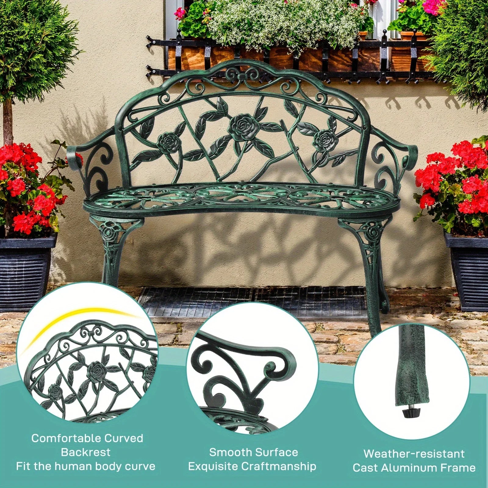 [Elegant Rose Bench] Elegant Black 38.5in Rose-Shaped Aluminum Bench | Durable Outdoor Patio Furniture with Floral Design for Garden, Balcony, or Porch - Sturdy Construction, Decorative Garden Seating House Of Avana