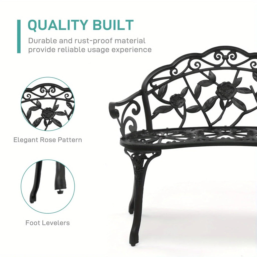 [Elegant Rose Bench] Elegant Black 38.5in Rose-Shaped Aluminum Bench | Durable Outdoor Patio Furniture with Floral Design for Garden, Balcony, or Porch - Sturdy Construction, Decorative Garden Seating House Of Avana