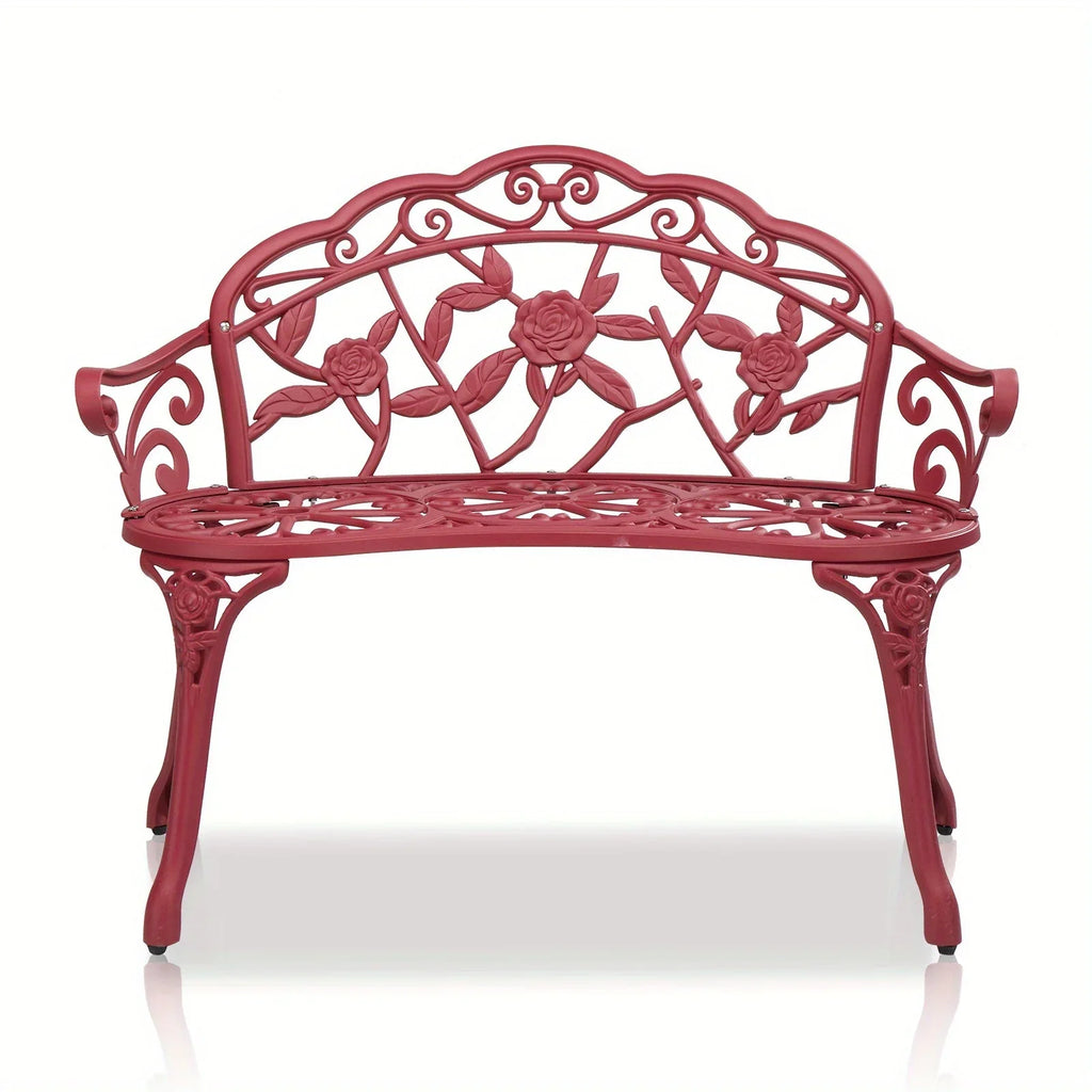 [Elegant Rose Bench] Elegant Black 38.5in Rose-Shaped Aluminum Bench | Durable Outdoor Patio Furniture with Floral Design for Garden, Balcony, or Porch - Sturdy Construction, Decorative Garden Seating House Of Avana