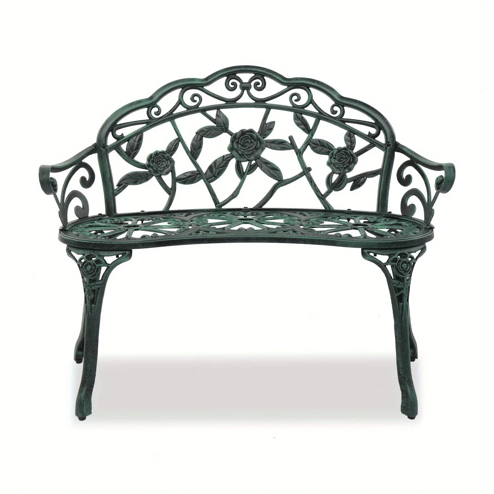 [Elegant Rose Bench] Elegant Black 38.5in Rose-Shaped Aluminum Bench | Durable Outdoor Patio Furniture with Floral Design for Garden, Balcony, or Porch - Sturdy Construction, Decorative Garden Seating House Of Avana