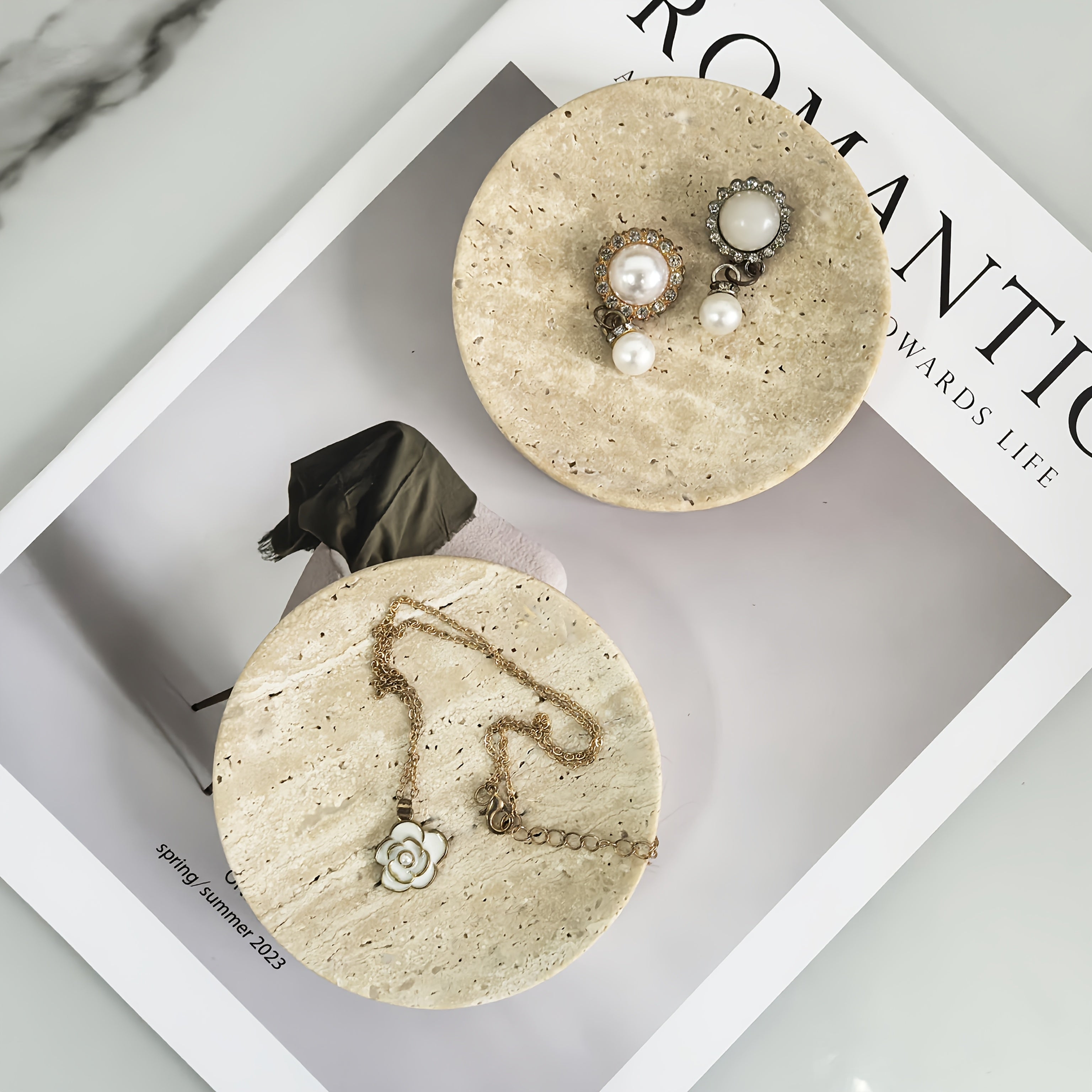 Elegant Round Marble Tray with Pearl and Gemstone Design - Natural Stone Jewelry Dish, Soap Holder, Candle Stand, Key Organizer - Ideal for Bathroom, Living Room, Office Decor, Office Decor|Decorative Tray|Polished Finish, Je House Of Avana