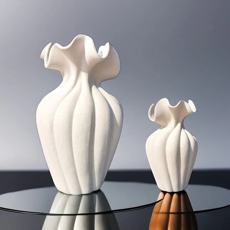 Striped ceramic vase with skirt design, white and blue texture - House of Avana