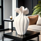 Striped ceramic vase with skirt design, white and blue texture - House of Avana