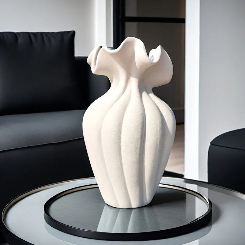 Striped ceramic vase with skirt design, white and blue texture - House of Avana