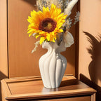 Striped ceramic vase with skirt design, white and blue texture - House of Avana