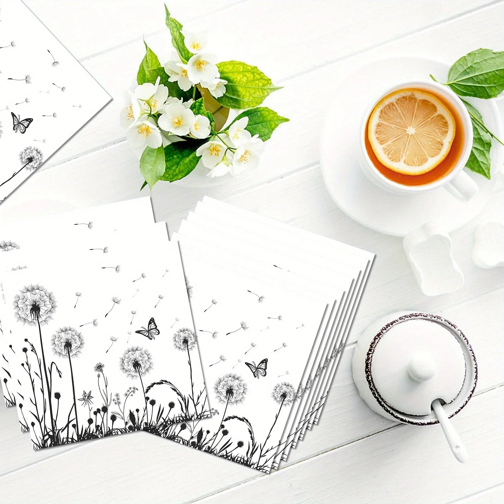 100-Pack White & Black Dandelion Biodegradable Napkins - 6.5"x6.5" - House Of Avana