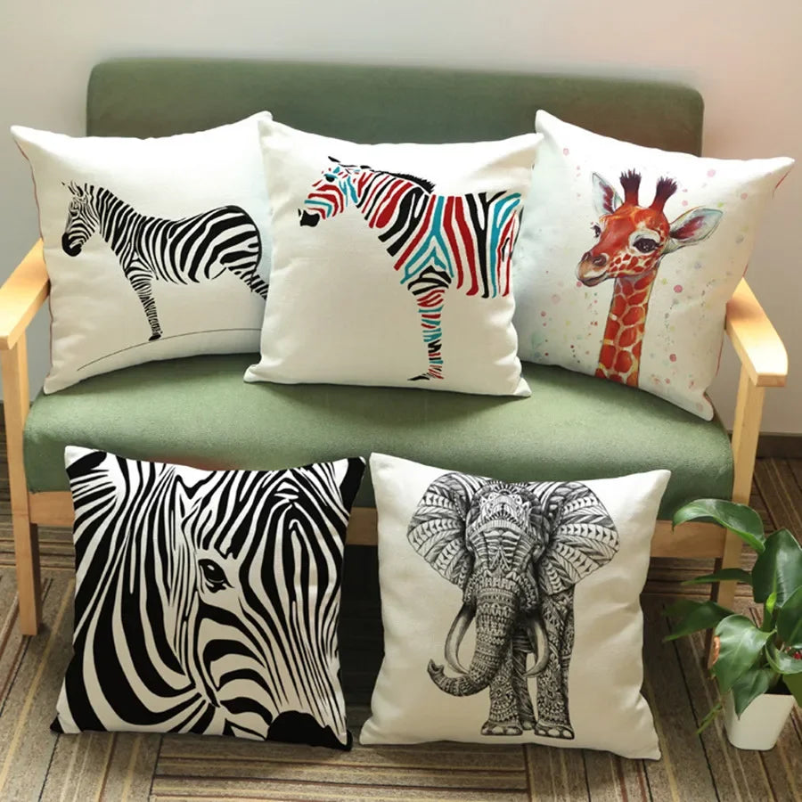 Wild Animal Style Decorative Cushion African Zebra Elephant Giraffe Cushion Square Throw Pillows Cotton... - House Of Avana