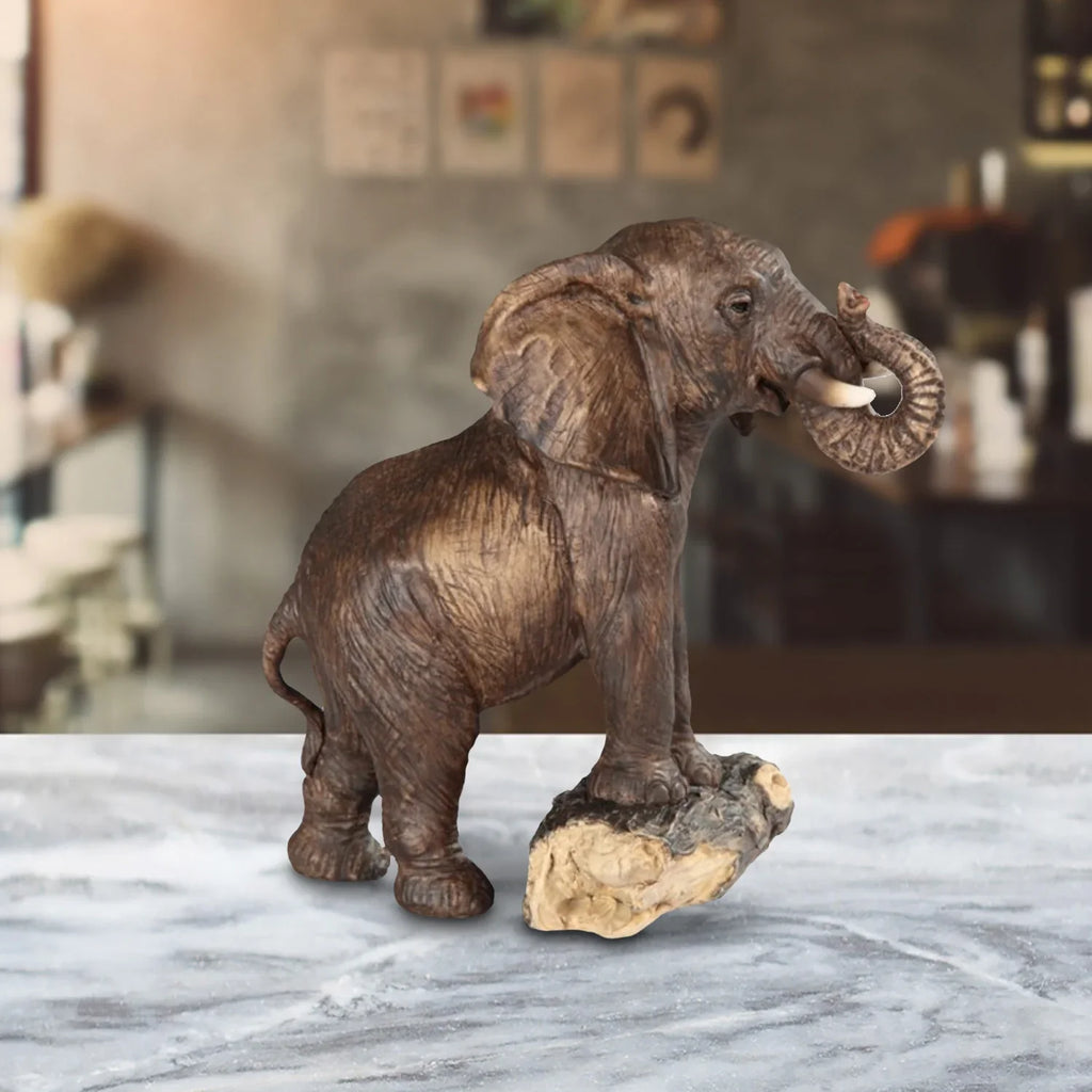 5.5"h Elephant on Tree Trunk Figurine Decorative Resin Statue Sculpture for Home, Office, or Bookshelf –... - House Of Avana