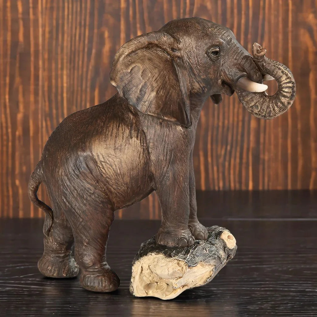 5.5"h Elephant on Tree Trunk Figurine Decorative Resin Statue Sculpture for Home, Office, or Bookshelf –... - House Of Avana