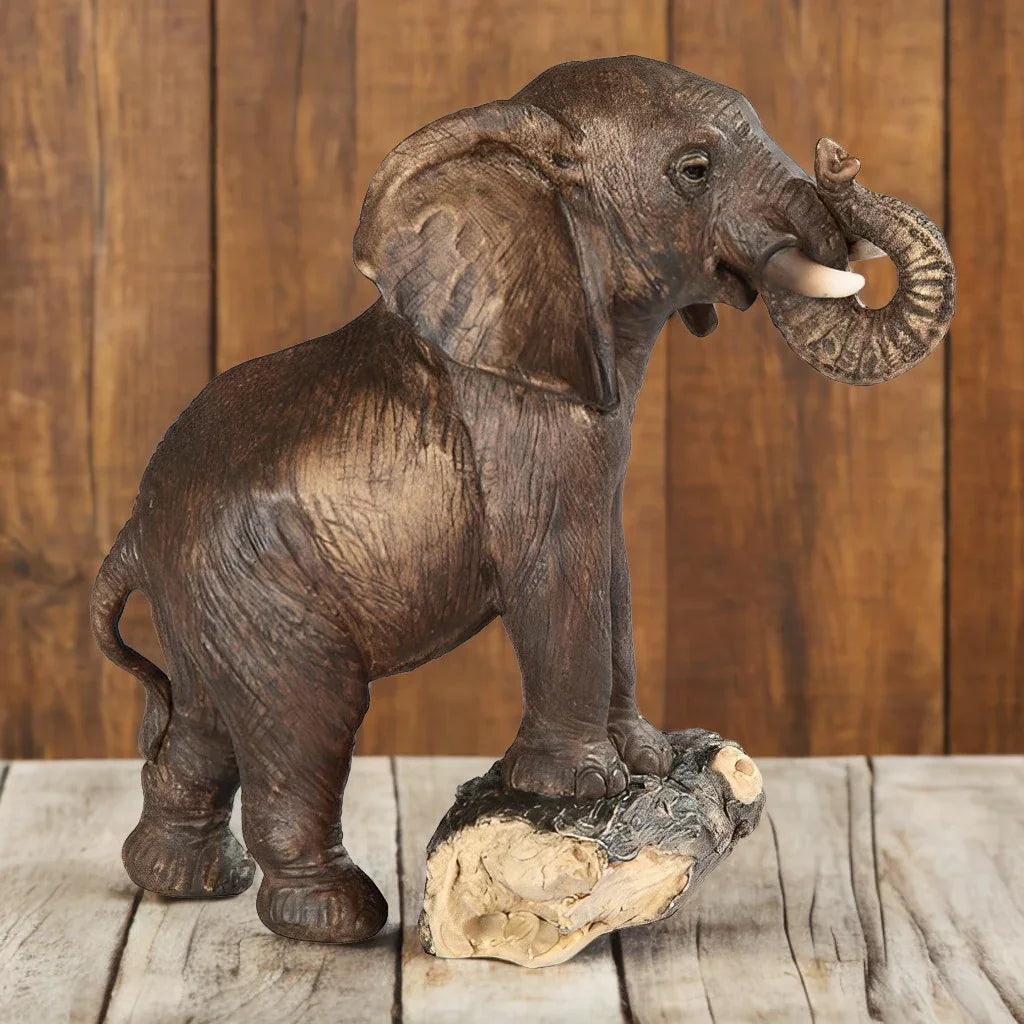 5.5"h Elephant on Tree Trunk Figurine Decorative Resin Statue Sculpture for Home, Office, or Bookshelf –... - House Of Avana
